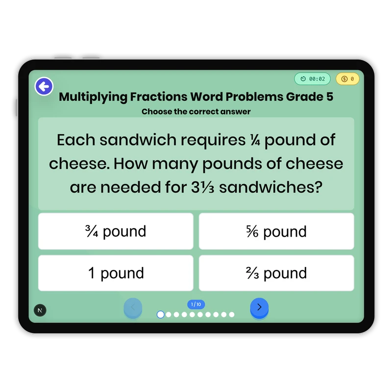 Multiplying Fractions Word Problems — math game for Grade 1, page 1 of 1