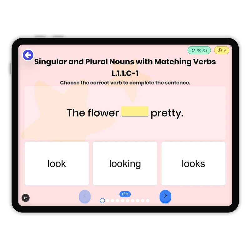 Singular and Plural Nouns with Matching Verbs L.1.1.C-1 — ela game for Grade 1, page 1 of 1