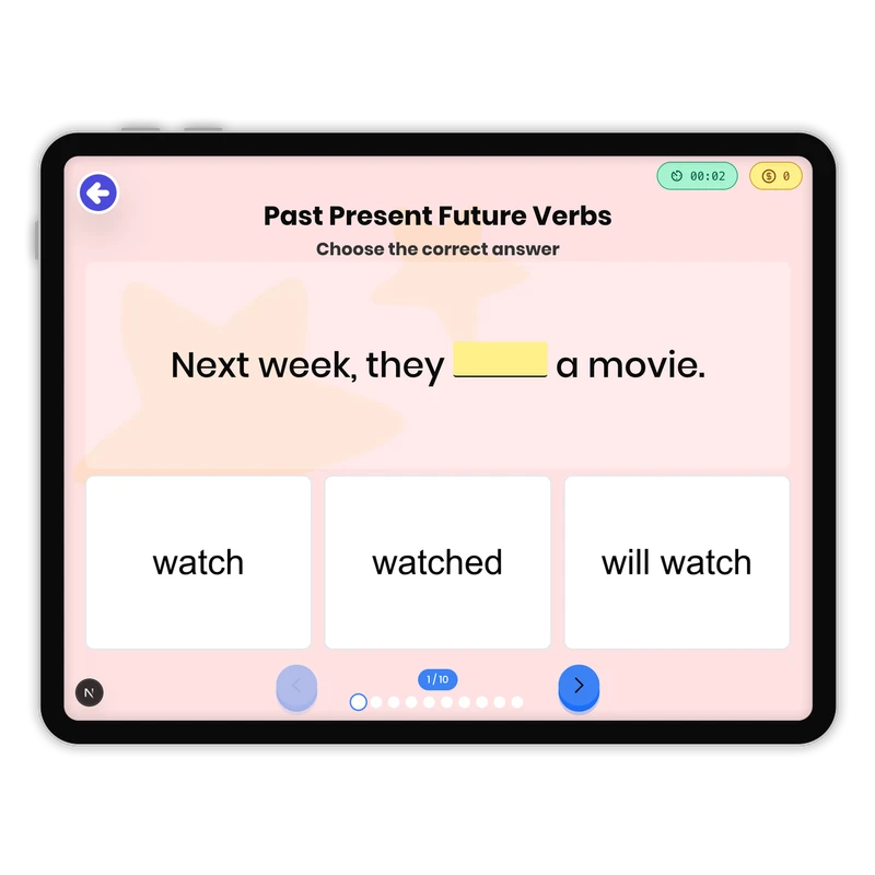 Past Present Future Verbs — ela game for Grade 1, page 1 of 1