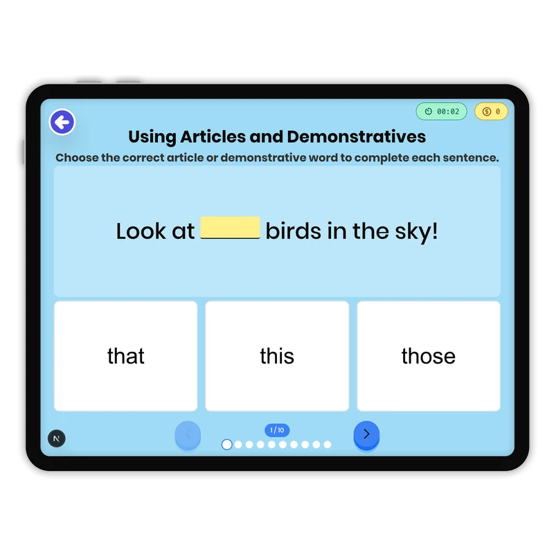Using Articles — ela game for Grade 1, page 1 of 1