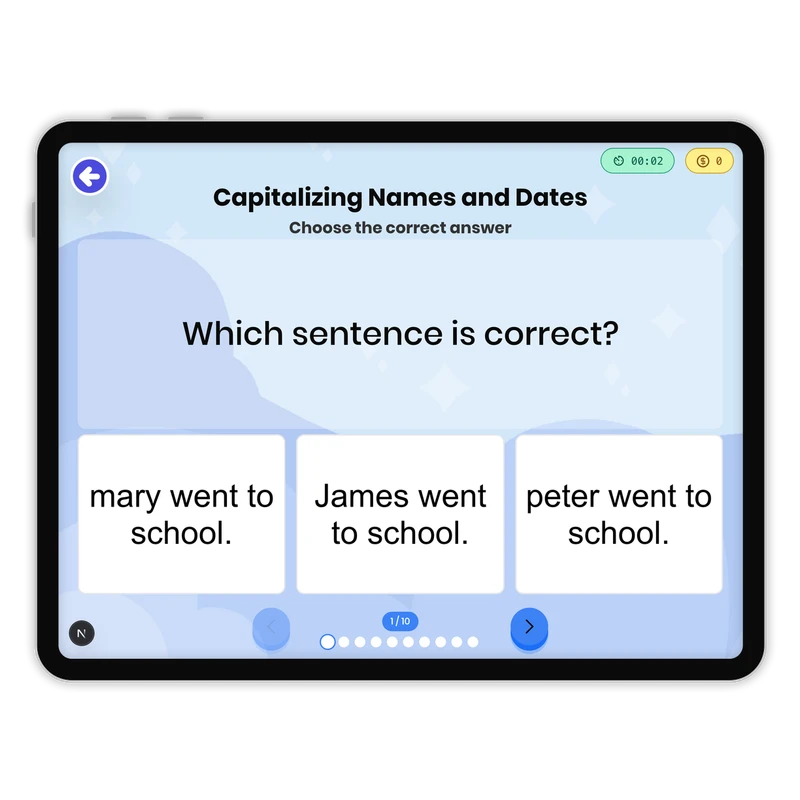 Capitalizing Names and Dates — ela game for Grade 1, page 1 of 1