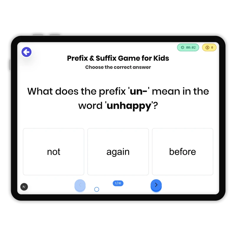 Prefix and Suffix — ela game for Grade 1, page 1 of 1