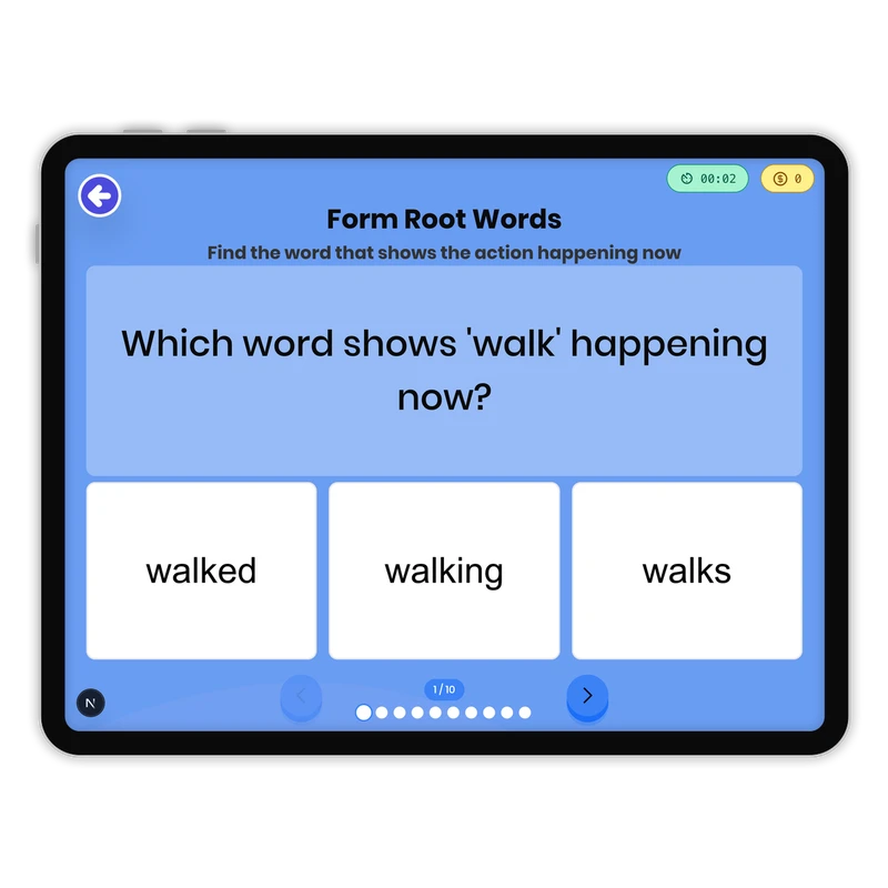 Form Root Words — ela game for Grade 1, page 1 of 1