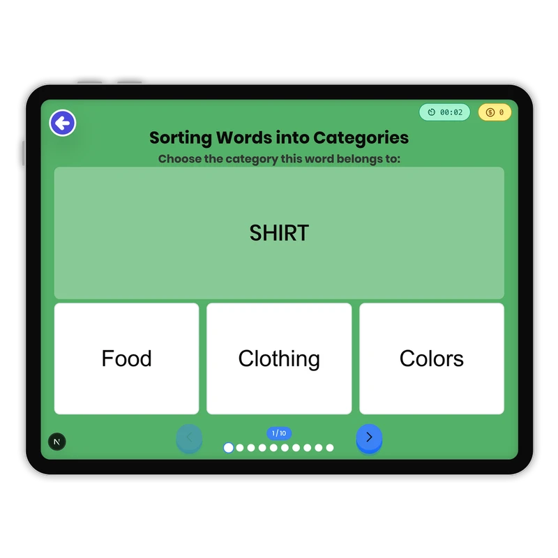 Sorting Words into Categories — ela game for Grade 1, page 1 of 1