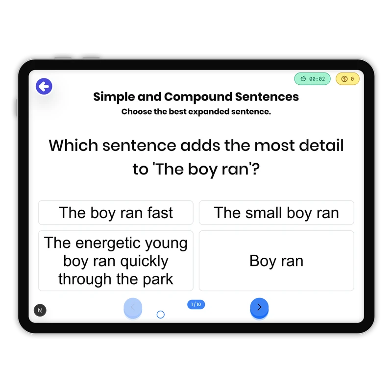 Simple and Compound Sentences — ela game for Grade 1, page 1 of 1