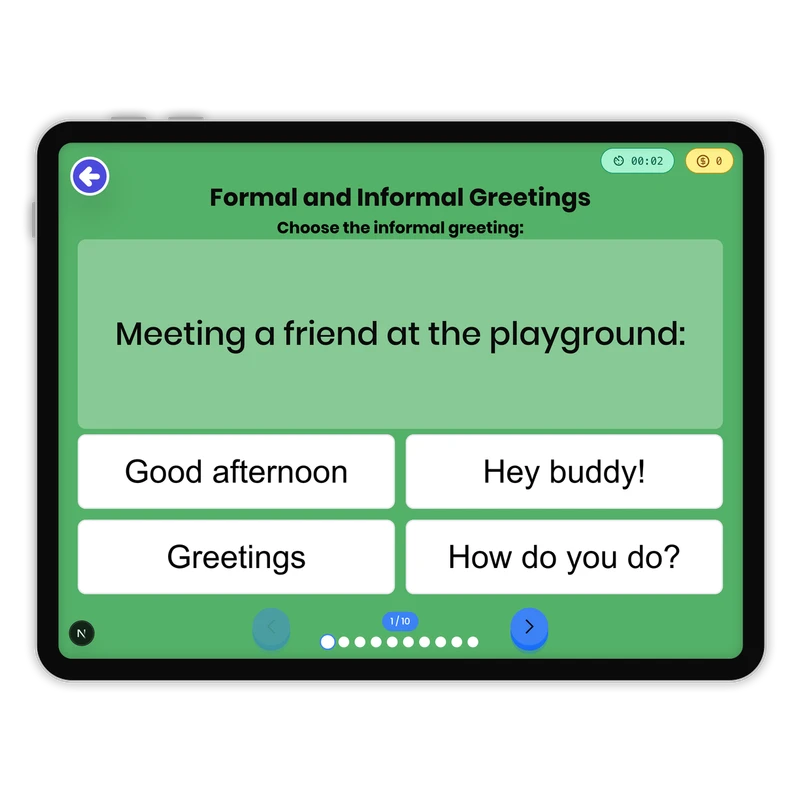 Formal and Informal Greetings — ela game for Grade 1, page 1 of 1