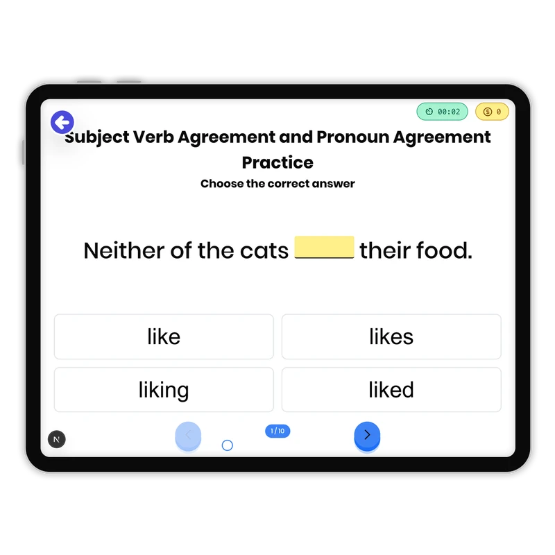 Subject Verb Agreement and Pronoun Agreement Practice — ela game for Grade 3, page 1 of 1