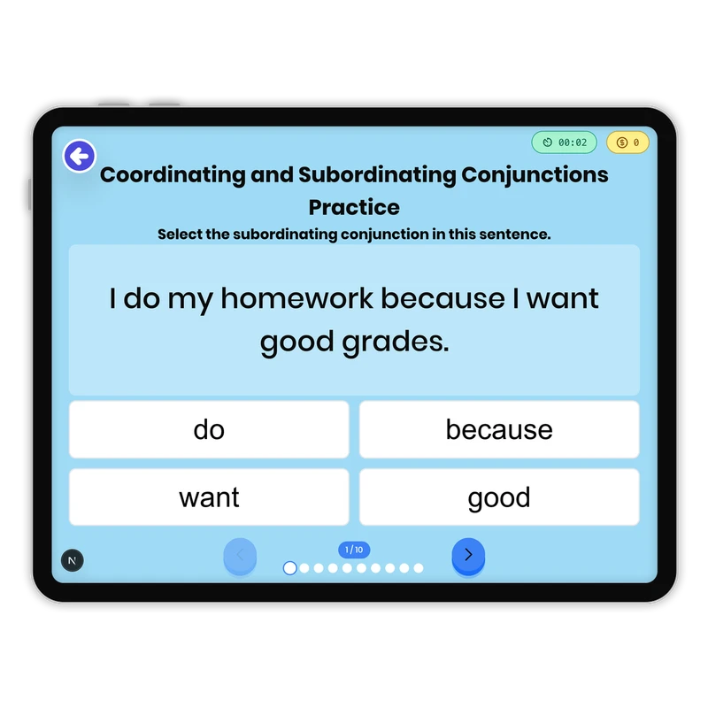 Coordinating and Subordinating Conjunctions Practice — ela game for Grade 3, page 1 of 1
