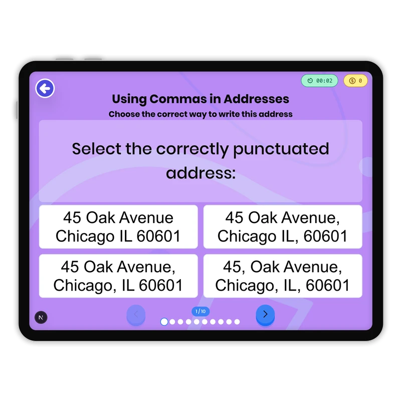 Using Commas in Addresses — ela game for Grade 3, page 1 of 1