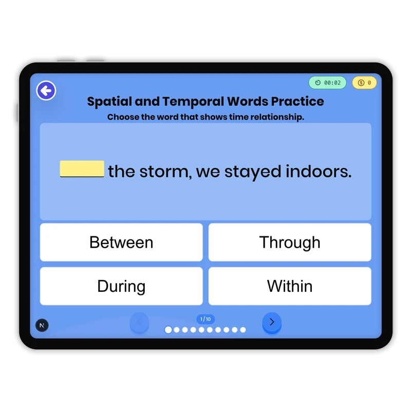 Spatial and Temporal Words Practice — ela game for Grade 3, page 1 of 1