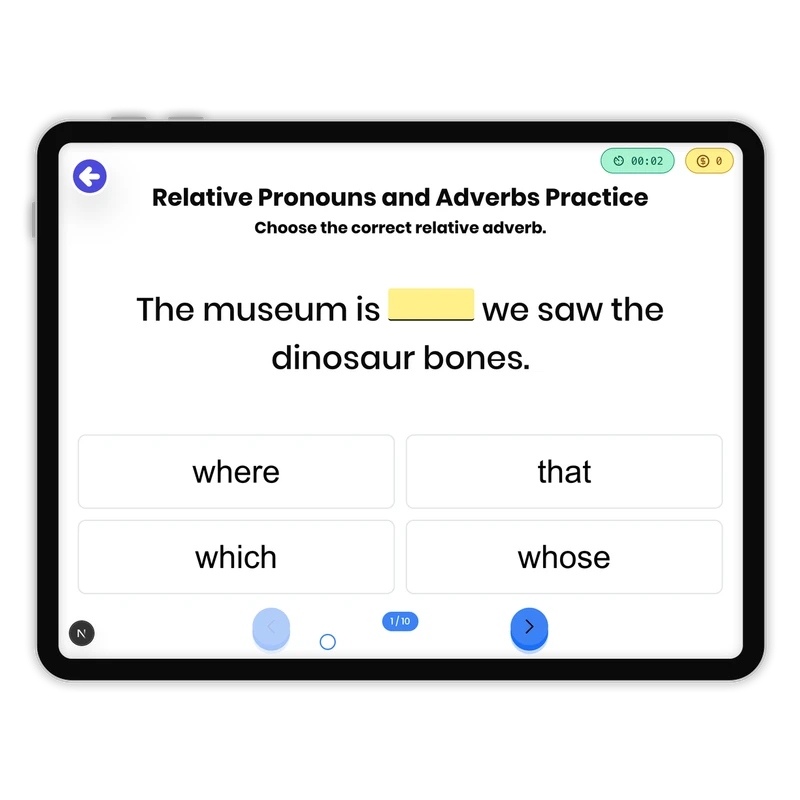 Relative Pronouns and Adverbs — ela game for Grade 4, page 1 of 1