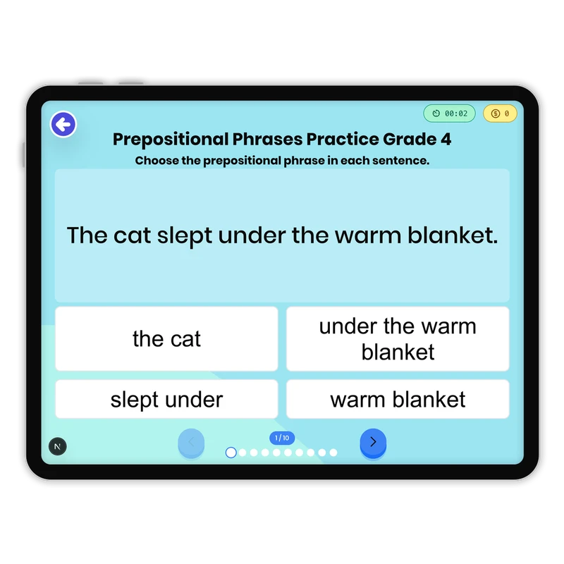 Online Prepositional Phrase — ela game for Grade 4, page 1 of 1