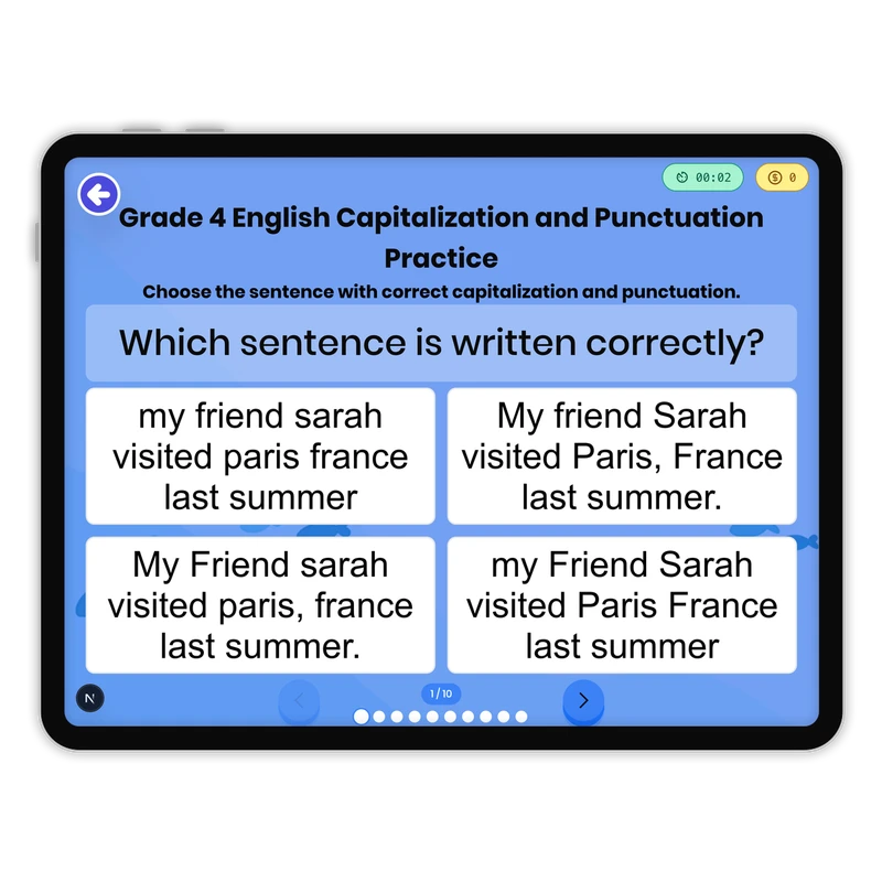 English Capitalization and Punctuation Practice — ela game for Grade 4, page 1 of 1