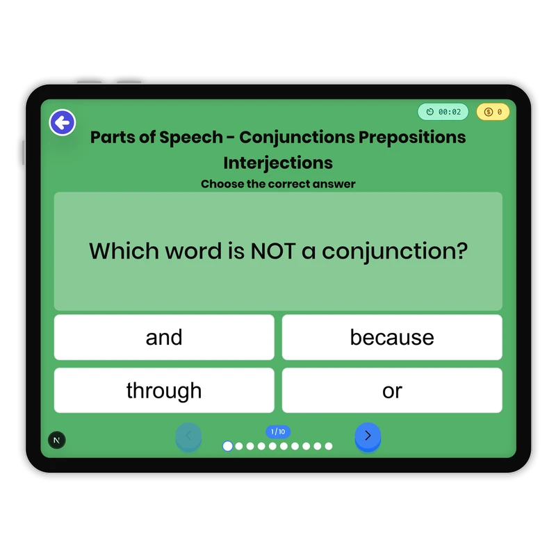 Parts of Speech - Conjunctions Prepositions Interjections — ela game for Grade 5, page 1 of 1