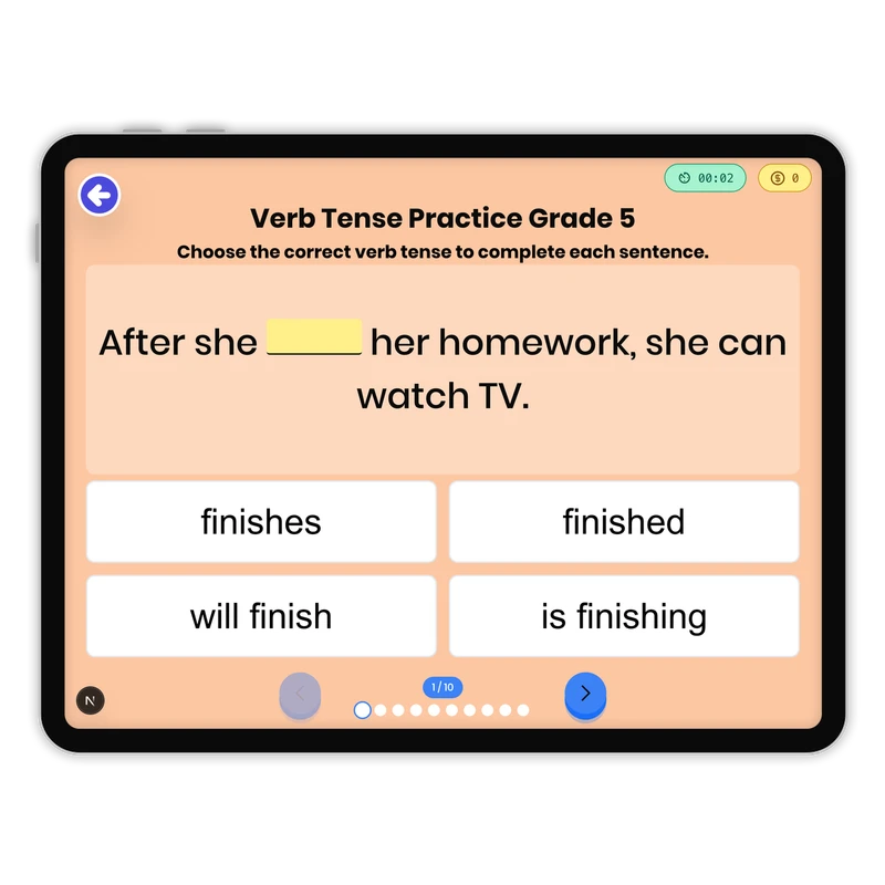 Verb Tense Practice — ela game for Grade 5, page 1 of 1