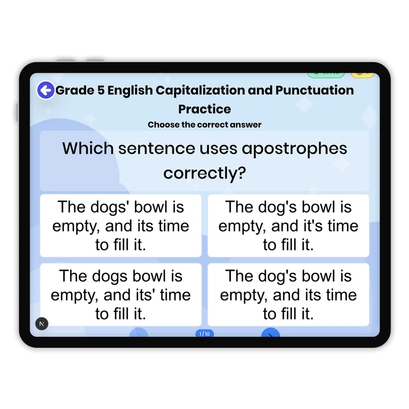 English Capitalization and Punctuation Practice — ela game for Grade 5, page 1 of 1