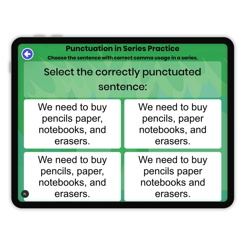 Punctuation in Series Practice — ela game for Grade 5, page 1 of 1