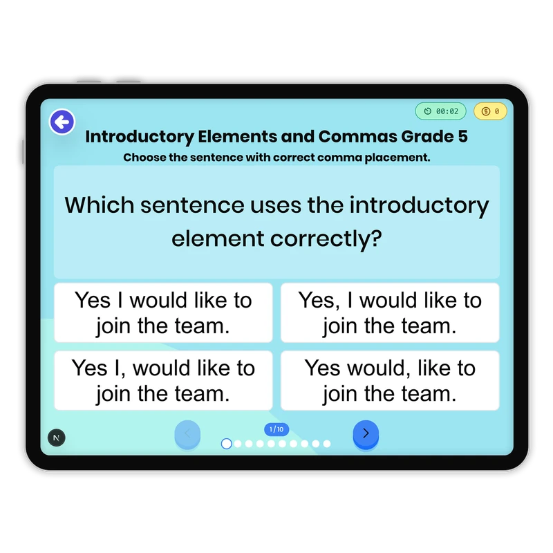Introductory Elements and Commas — ela game for Grade 5, page 1 of 1