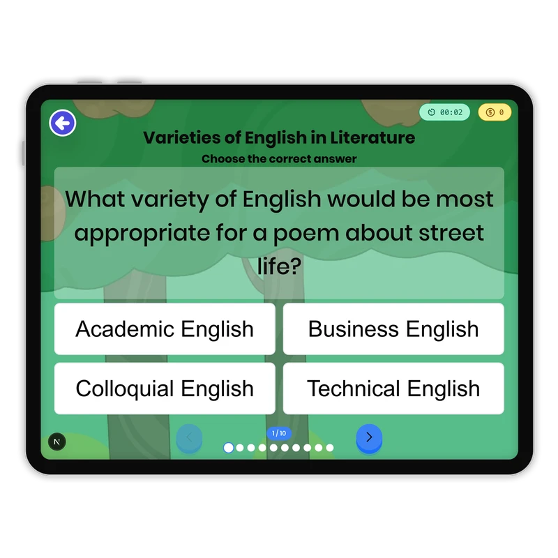 Varieties of English in Literature — ela game for Grade 5, page 1 of 1