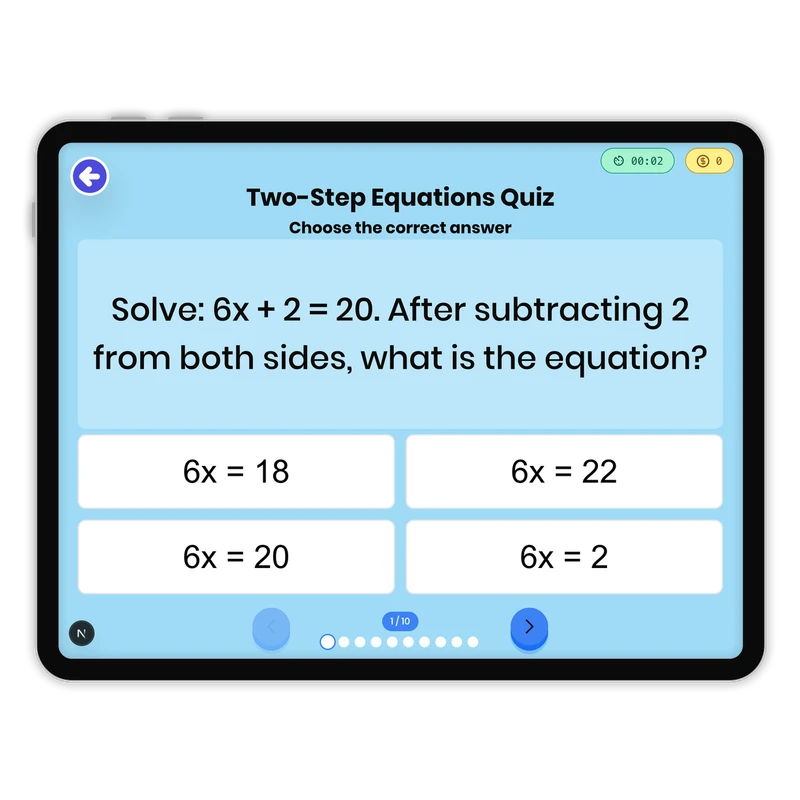 Two-Step Equations Quiz — math game for Grade 7, Grade 8, page 1 of undefined