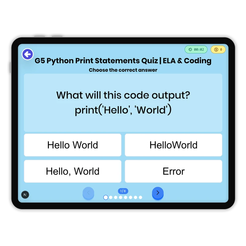 G5 Python Print Statements Quiz | ELA & Coding — ela game for Grade 5, page 1 of undefined