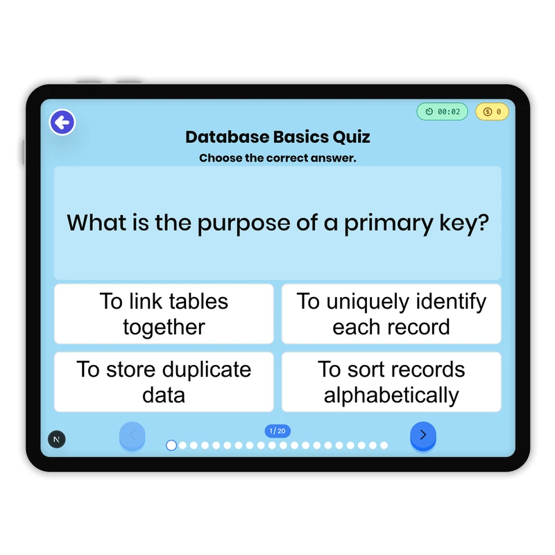Database Basics Quiz — science game for Grade 9, page 1 of undefined