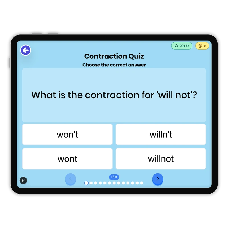 Contraction Quiz — ela game for Grade 2, page 1 of undefined
