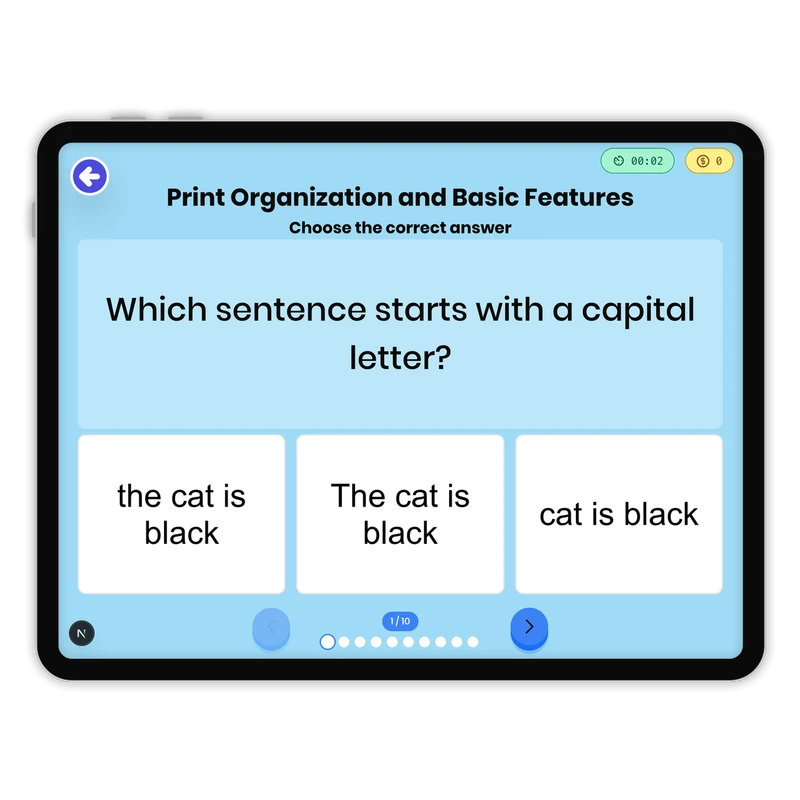 Print Organization and Basic Features — ela game for Grade 1, page 1 of 1