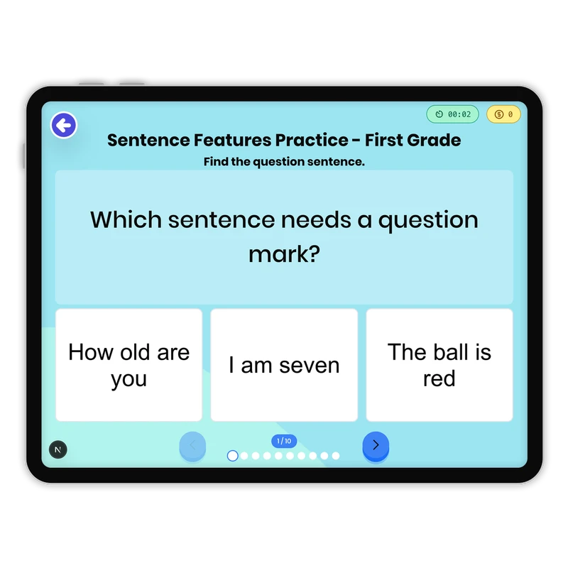 Sentence Features Practice — ela game for Grade 1, page 1 of 1