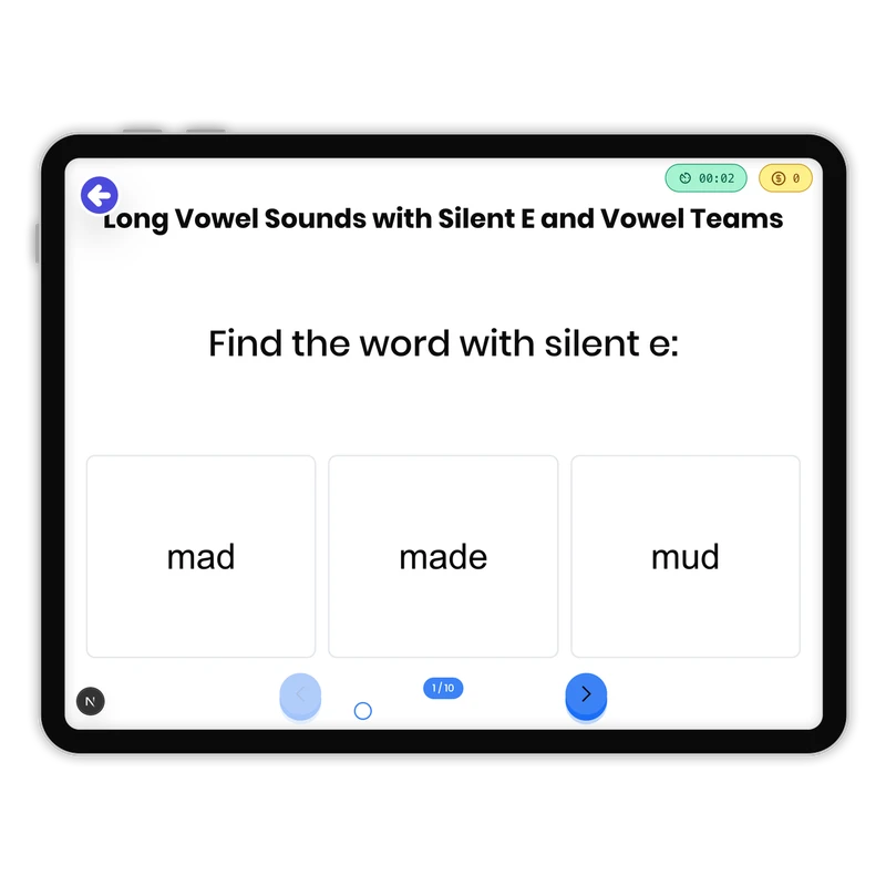 Long Vowel Sounds with Silent E and Vowel Teams — ela game for Grade 1, page 1 of 1