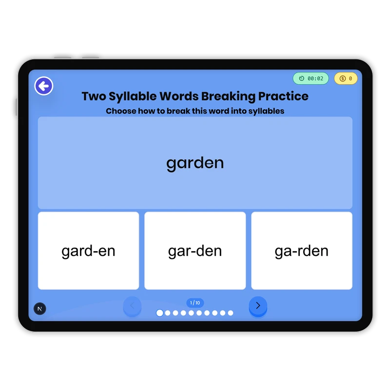 Break Apart Two Syllable Words — ela game for Grade 1, page 1 of 1
