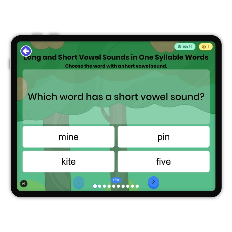 Long and Short Vowel Sounds in One Syllable Words — ela game for Grade 2, page 1 of 1
