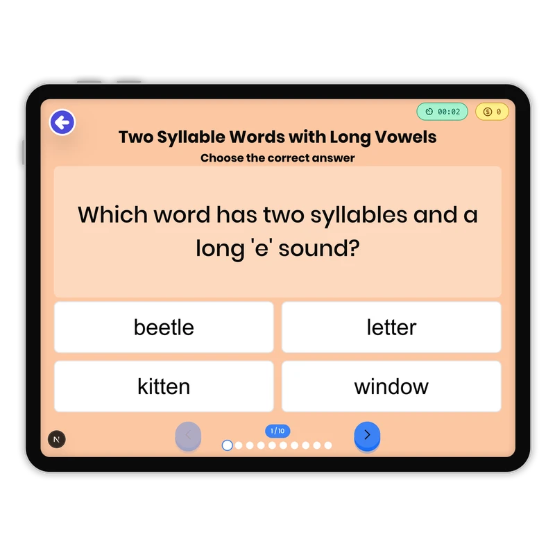 Two Syllable Words with Long Vowels — ela game for Grade 2, page 1 of 1