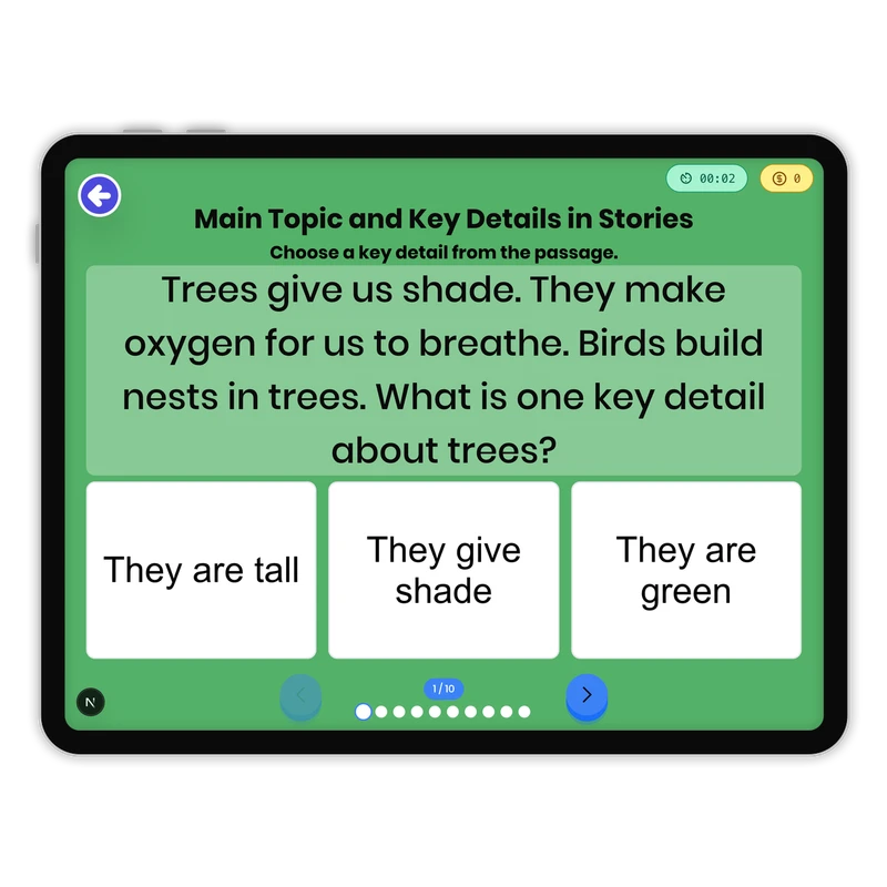 Main Topic and Key Details in Stories — ela game for Grade 1, page 1 of 1