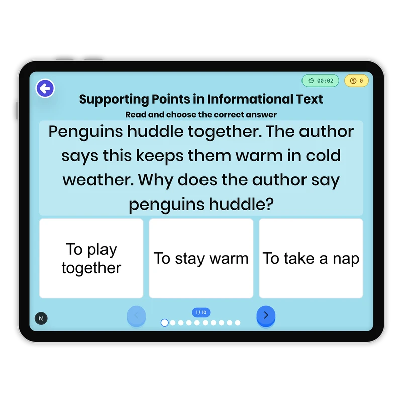 Supporting Points in Informational Text — ela game for Grade 1, page 1 of 1