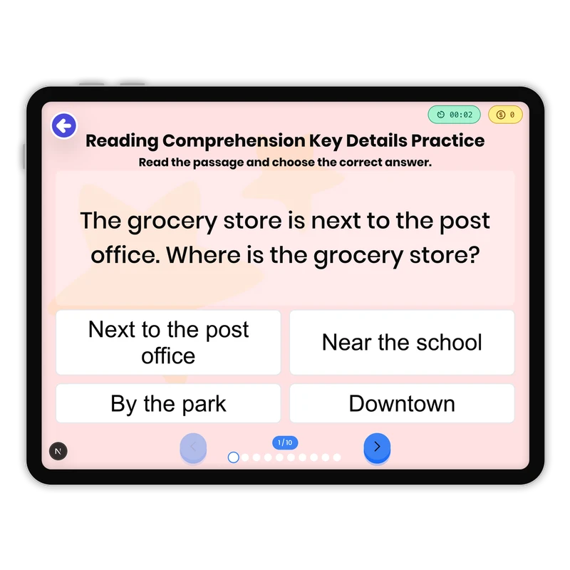 Reading Comprehension Key Details Practice — ela game for Grade 2, page 1 of 1