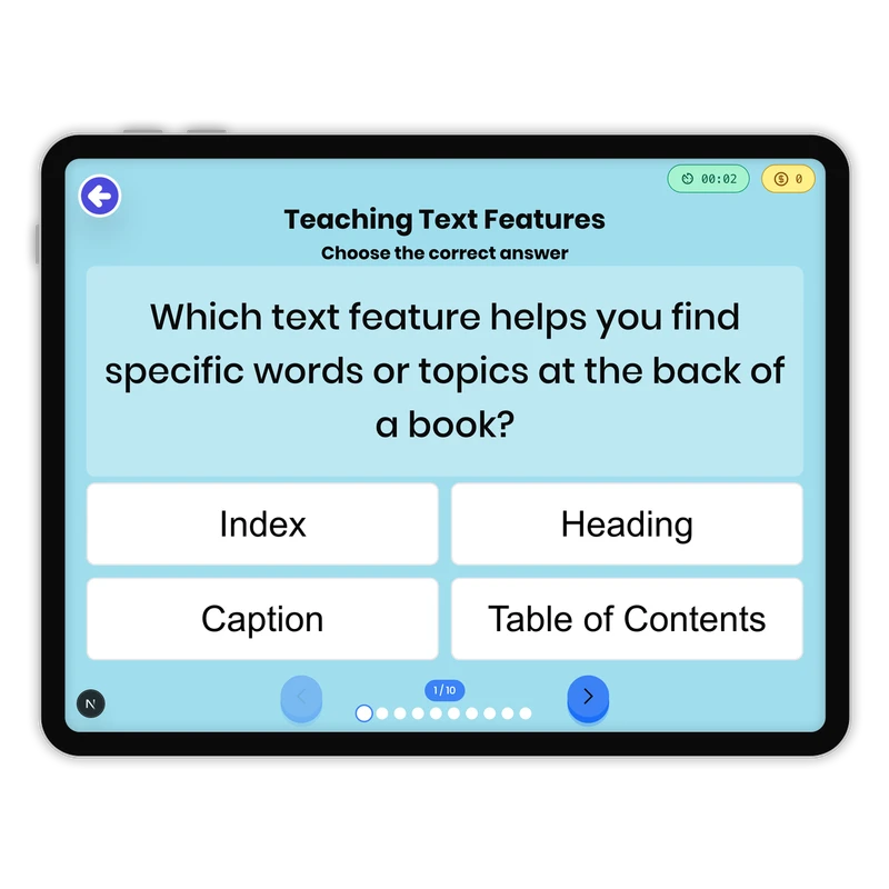Teaching Text Features — ela game for Grade 3, page 1 of 1