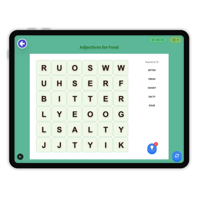 Adjectives for Food — ela game for Grade K, Grade 1, Grade 2, Grade 3, Grade 4, Grade 5, Grade 6, Grade 7, Grade 8, page 1 of 1