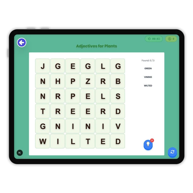 Adjectives for Plants — ela game for Grade K, Grade 1, Grade 2, Grade 3, Grade 4, Grade 5, Grade 6, Grade 7, Grade 8, page 1 of 1