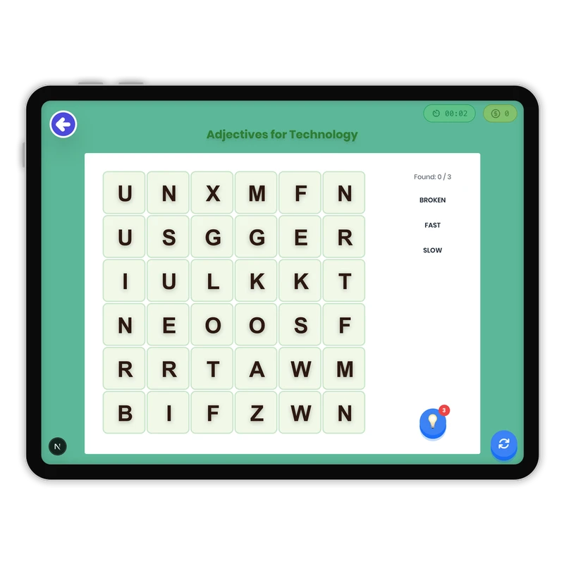Adjectives for Technology — ela game for Grade K, Grade 1, Grade 2, Grade 3, Grade 4, Grade 5, Grade 6, Grade 7, Grade 8, page 1 of 1