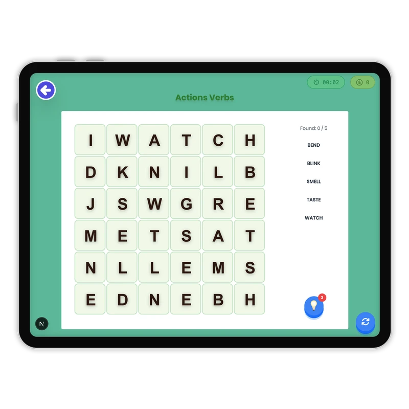 Actions Verbs — ela game for Grade K, Grade 1, Grade 2, Grade 3, Grade 4, Grade 5, Grade 6, Grade 7, Grade 8, page 1 of 1