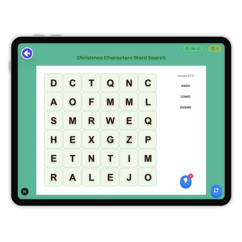 Christmas Characters Word Search — ela game for Grade K, Grade 1, Grade 2, Grade 3, Grade 4, Grade 5, Grade 6, Grade 7, Grade 8, page 1 of 1