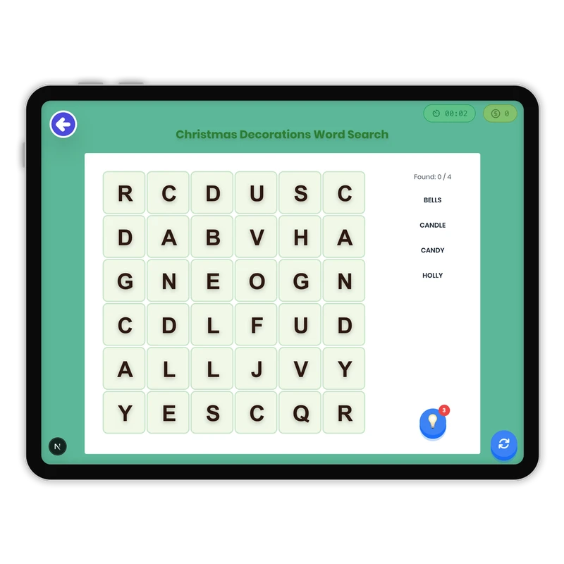Christmas Decorations Word Search — ela game for Grade K, Grade 1, Grade 2, Grade 3, Grade 4, Grade 5, Grade 6, Grade 7, Grade 8, page 1 of 1