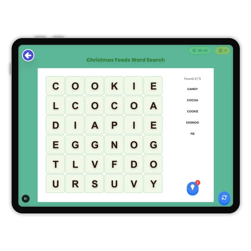 Christmas Foods Word Search — ela game for Grade K, Grade 1, Grade 2, Grade 3, Grade 4, Grade 5, Grade 6, Grade 7, Grade 8, page 1 of 1