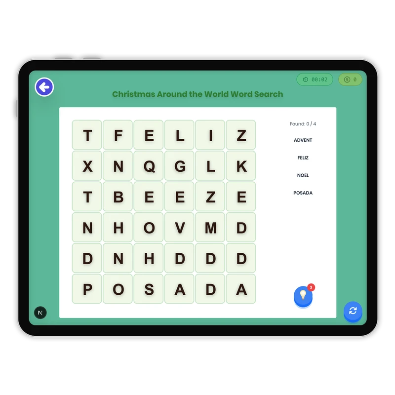 Christmas Around the World Word Search — ela game for Grade K, Grade 1, Grade 2, Grade 3, Grade 4, Grade 5, Grade 6, Grade 7, Grade 8, page 1 of 1