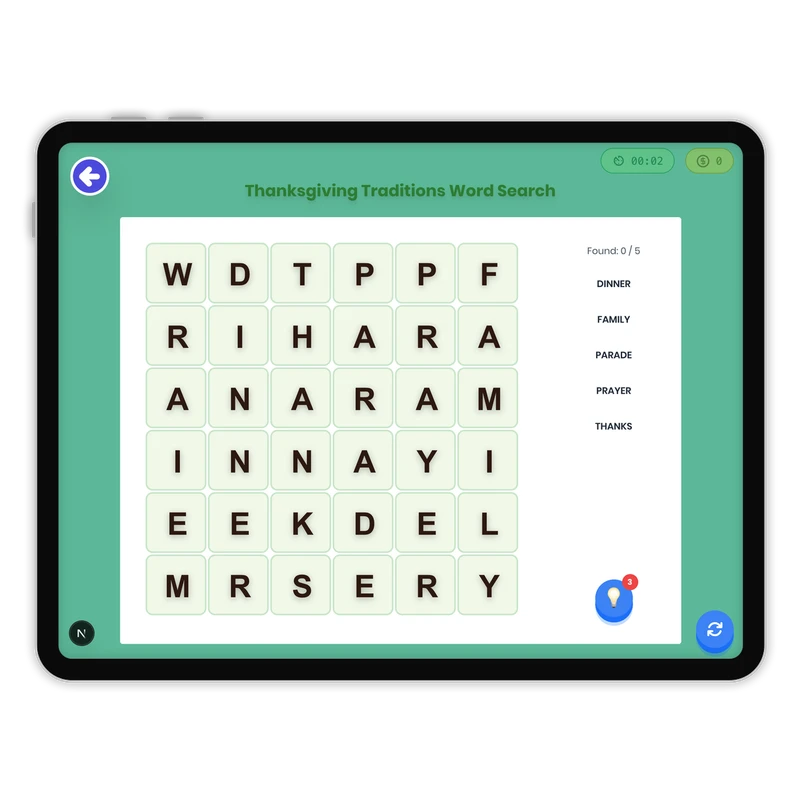 Thanksgiving Traditions Word Search — ela game for Grade K, Grade 1, Grade 2, Grade 3, Grade 4, Grade 5, Grade 6, Grade 7, Grade 8, page 1 of 1