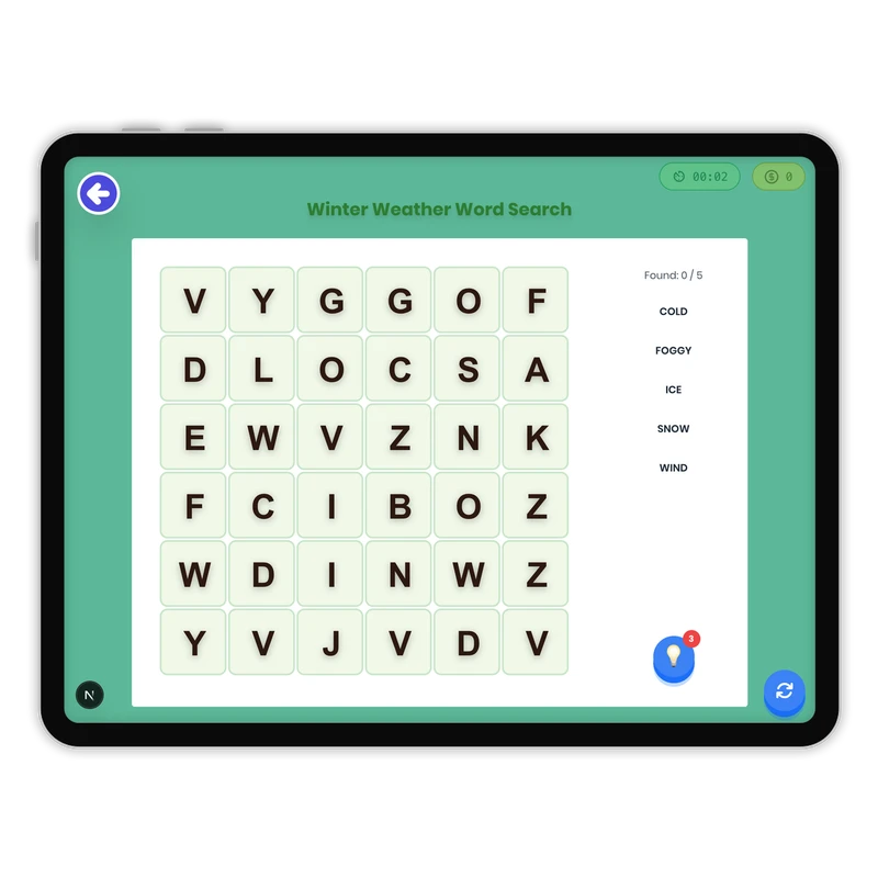 Winter Weather Word Search — ela game for Grade K, Grade 1, Grade 2, Grade 3, Grade 4, Grade 5, Grade 6, Grade 7, Grade 8, page 1 of 1