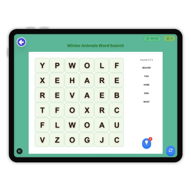 Winter Animals Word Search — ela game for Grade K, Grade 1, Grade 2, Grade 3, Grade 4, Grade 5, Grade 6, Grade 7, Grade 8, page 1 of 1