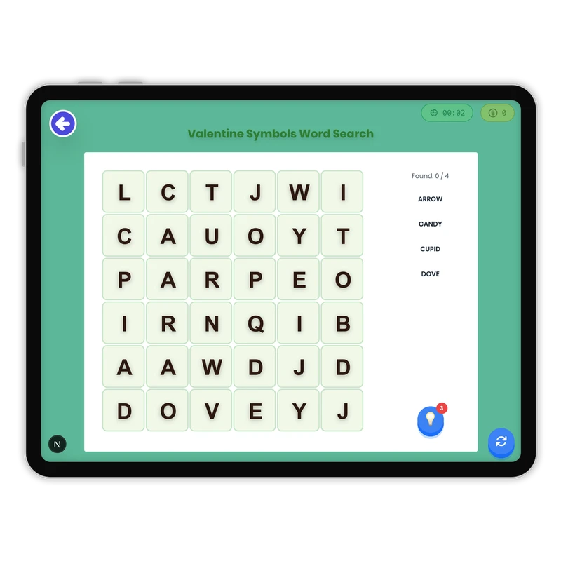 Valentine Symbols Word Search — ela game for Grade K, Grade 1, Grade 2, Grade 3, Grade 4, Grade 5, Grade 6, Grade 7, Grade 8, page 1 of 1