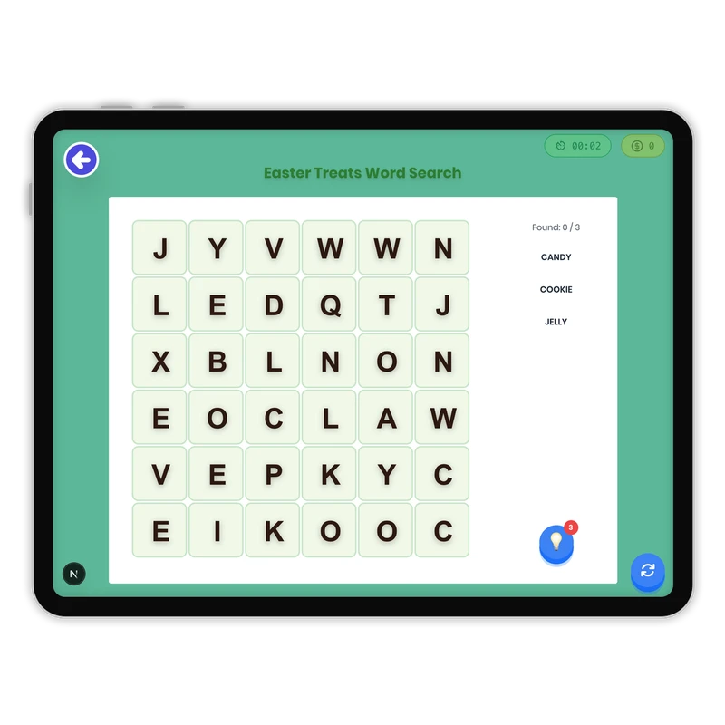 Easter Treats Word Search — ela game for Grade K, Grade 1, Grade 2, Grade 3, Grade 4, Grade 5, Grade 6, Grade 7, Grade 8, page 1 of 1